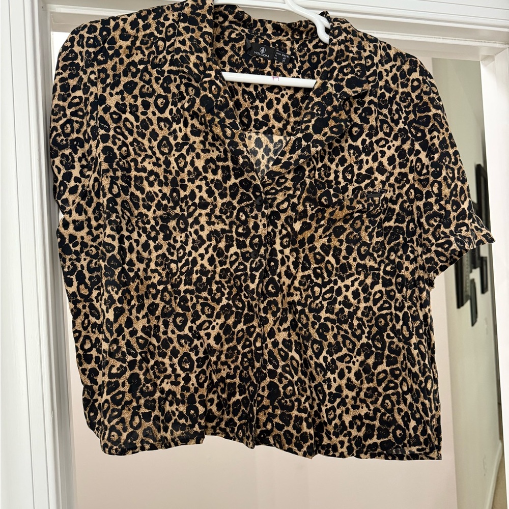 Volcom Leopard Print Short Sleeve Button Down - Black & Tan